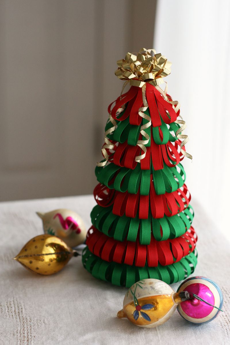 DIY Christmas tree using left over pieces of ribbon.