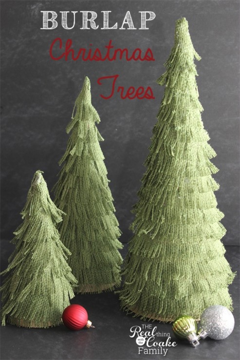 Make Christmas crafts of adorable burlap Christmas trees.