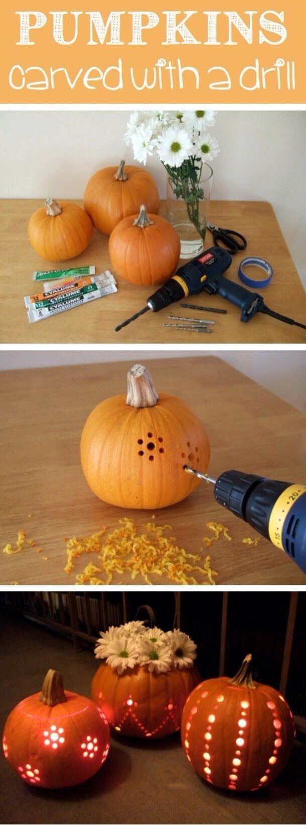 Pumpkins carved with a drill.