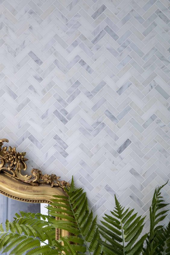 Alsace Honed Marble Herringbone Mosaic Tiles.