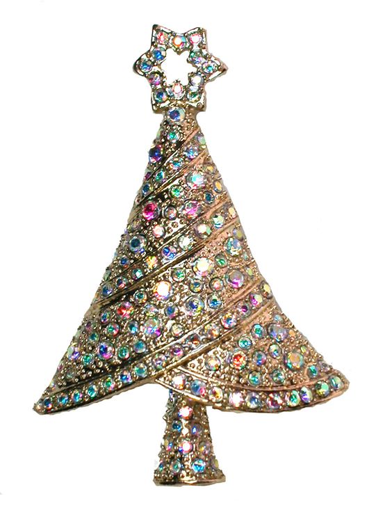 Christmas Tree Pin Brooch Sparkling AB Crystal Gold Plated.