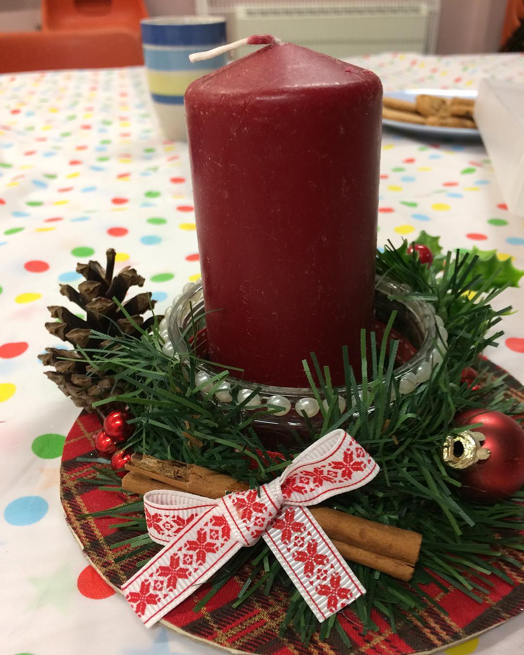 Homemade Christmas table decoration.