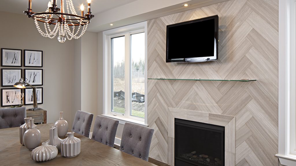 Limestone White Birch Planks tiles fireplace.