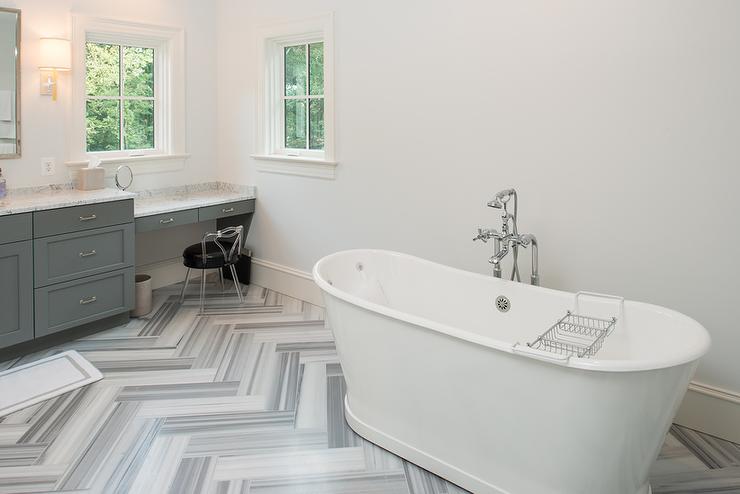 Master Bathroom with Gray Striped Marble Floor.
