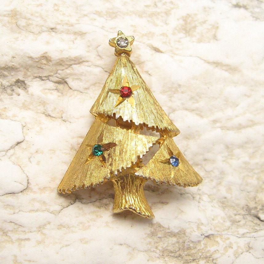 Small Christmas Tree Brooch Pin Rhinestone Jewelry.