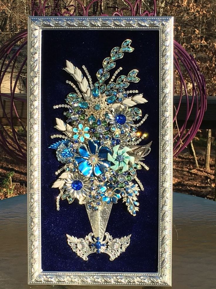 Vintage Rhinestone Jewelry Christmas Tree Framed Art Flower Arrangement.