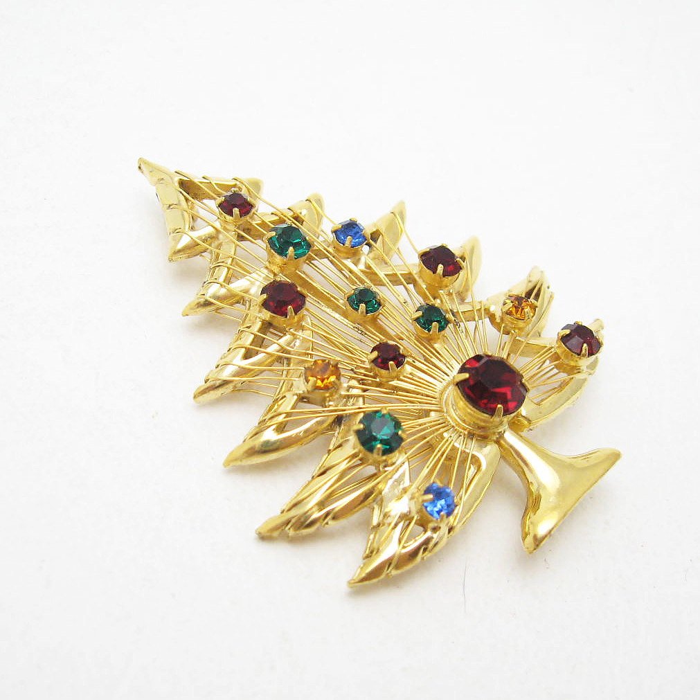 Vintage Rhinestones Christmas Tree Brooch Signed Jewelry.