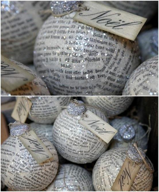Christmas balls recycle by sticking tabs of newspaper pages, magazines or old books.