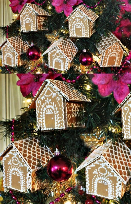 Gingerbread house ornaments looking very beautiful.