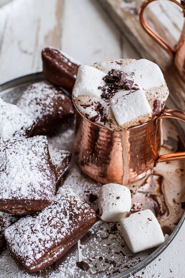 Gingerbread surprise beignets with spiced mocha hot chocolate.
