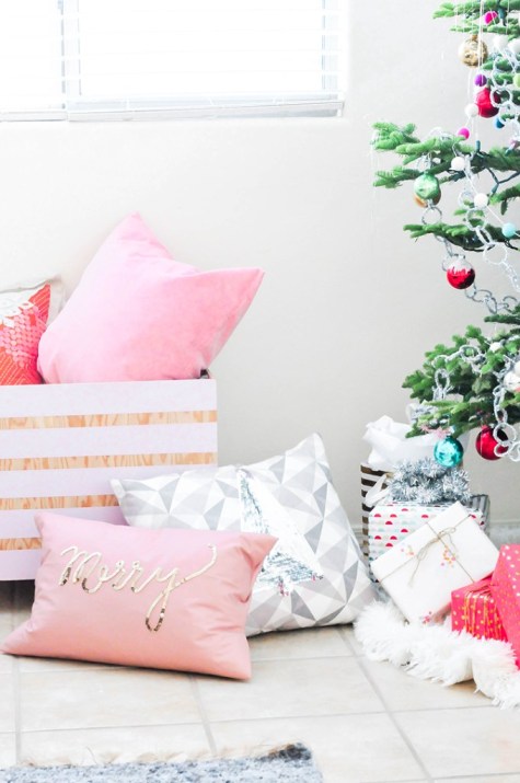 Living Room Christmas Decor Idea With Sequin Pillows.