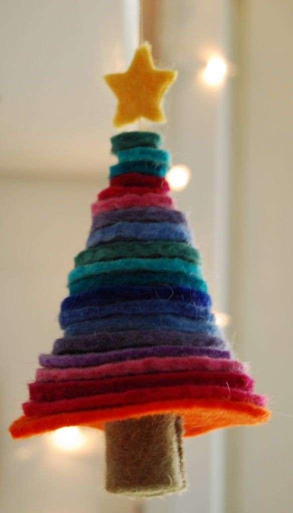 Multicolored fir tree made simply with felt circles of all colors.