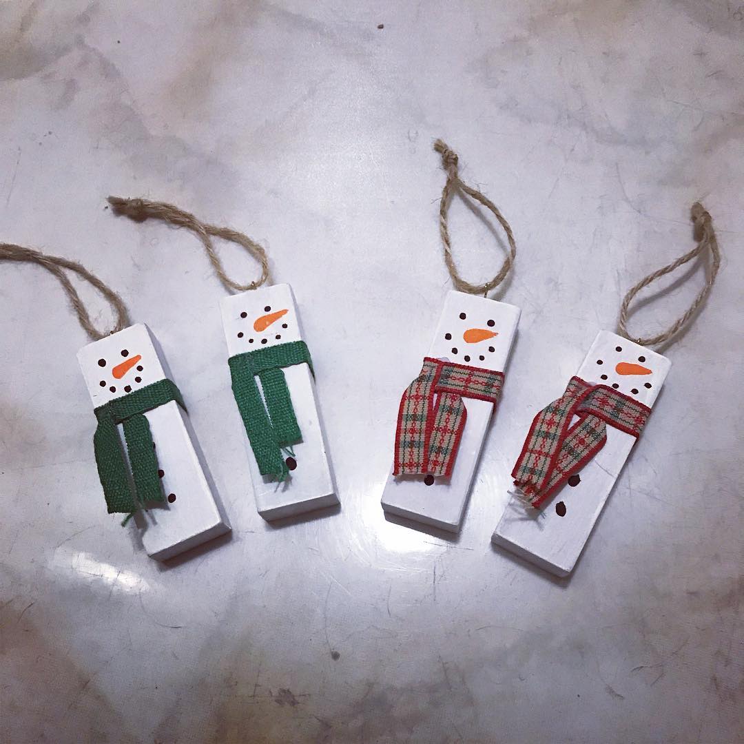 My ornaments this year were snowmen made from Jenga pieces.