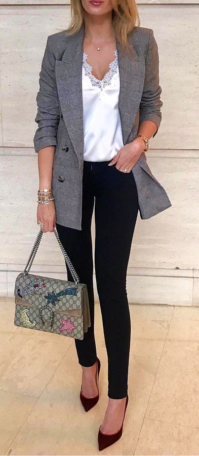 gray coat and black pants