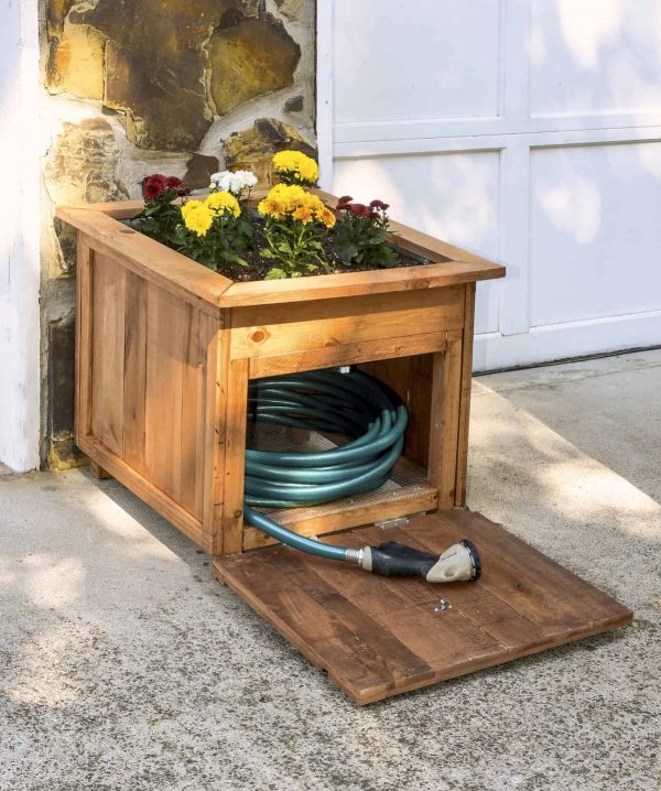 Wood Hose Holder with Planter.