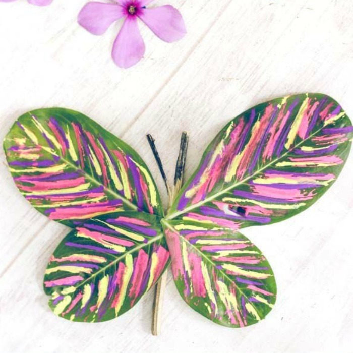 Beautiful butterfly is made from sticks and leaves.