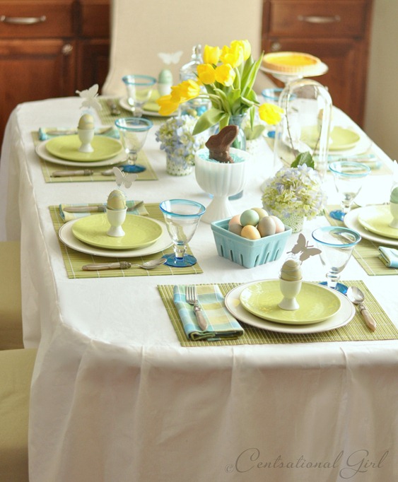 Blue and green easter table decor.