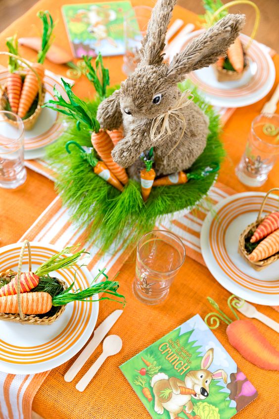 Bright orange table decor for Easter.