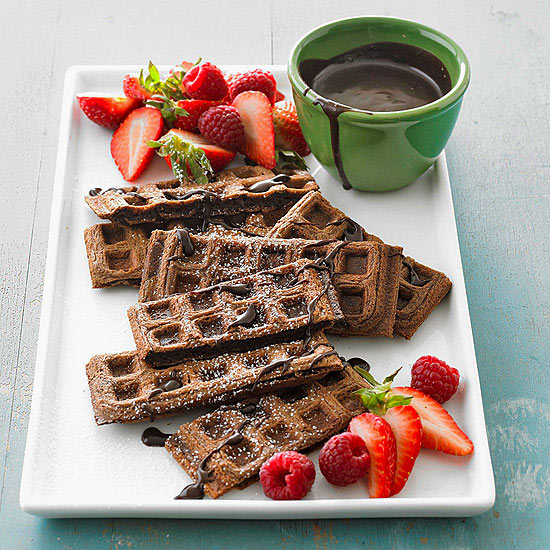 Chocolate Waffles with Mocha Syrup.