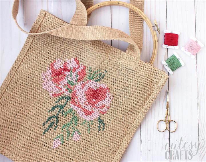 Free Rose Cross Stitch Burlap Bag.
