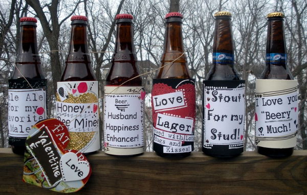 Beer bottles attached with custom love labels.  DIY Gifts for Boyfriend