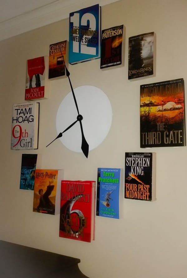 Books used as a creative huge wall clock.