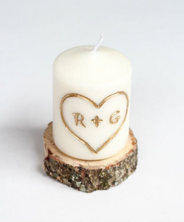 Candle Carved with Initial and Heart.