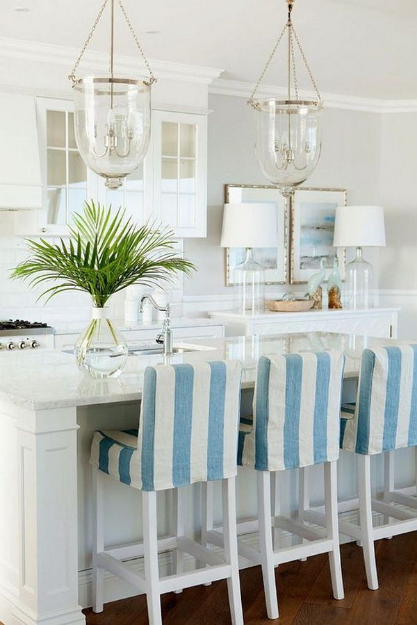 Coastal Kitchen with Bell Jar Lantern Pendants. Kitchen lighting ideas