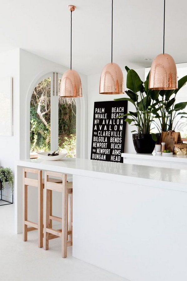 Copper Pendant Lights over the Kitchen Island.
