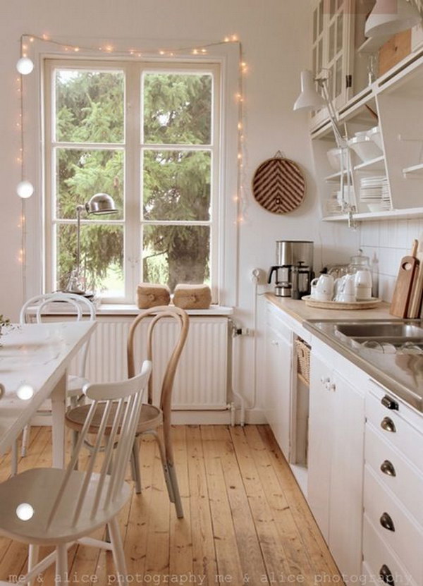 Cottage Kitchen with a String Of Lights Draped. Kitchen lighting ideas