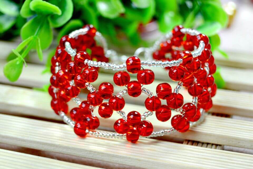 Embellished Red Bead Weaving Bracelet.