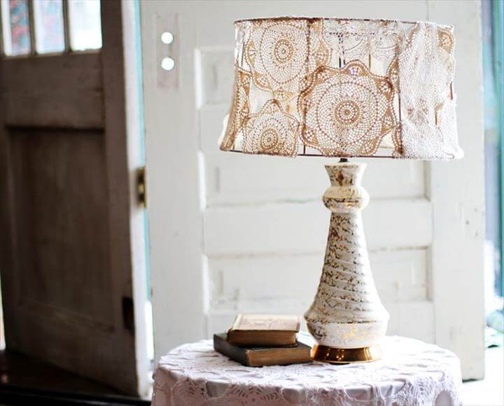 Handsome Doily Covered Lampshade.