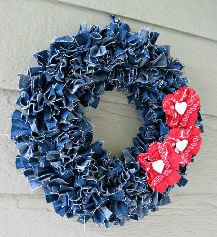 Make a Denim Wreath with Red Floral Accents.