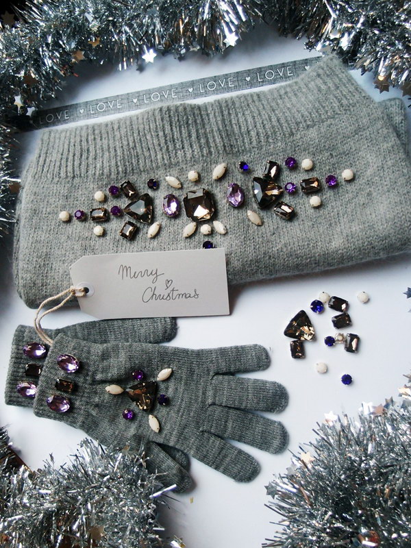 Rhinestone Embellished Scarf and Gloves.