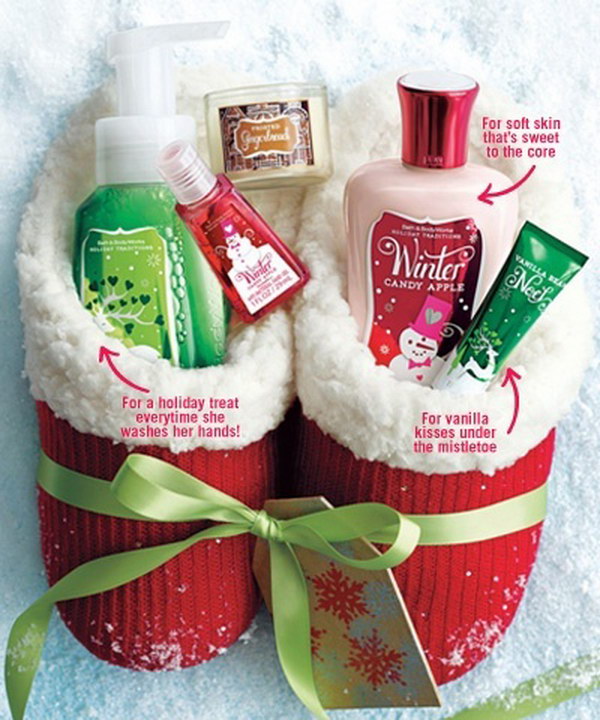 Slippers Filled with Bath and Body Works Items.
