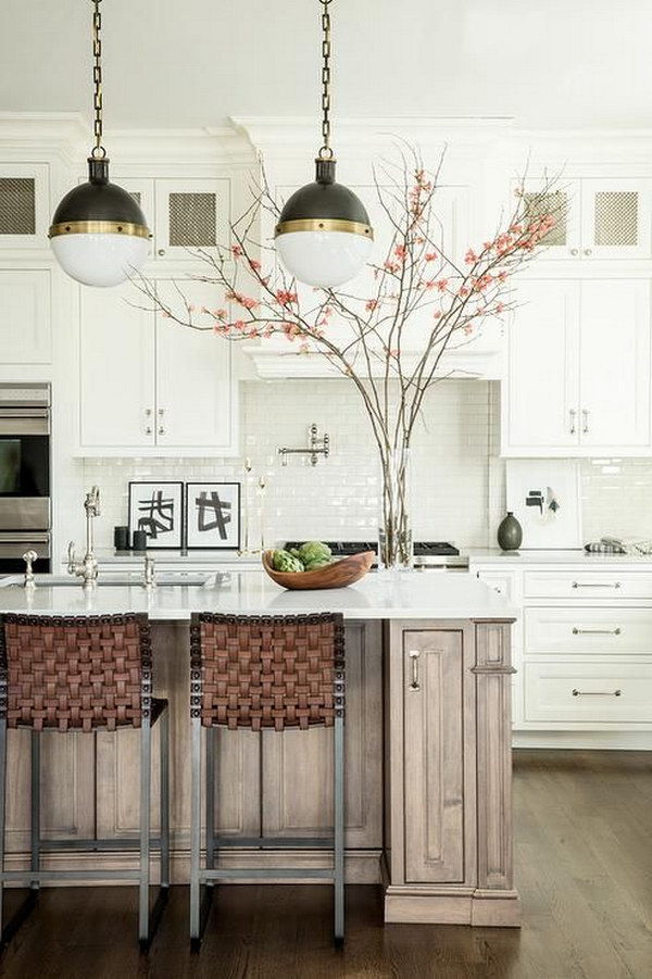 Small Hicks Pendants over a Walnut Stained Kitchen Island.