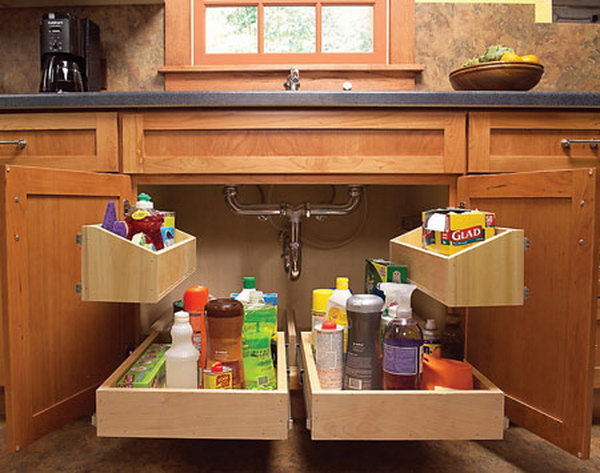 Storage space under the kitchen sink.