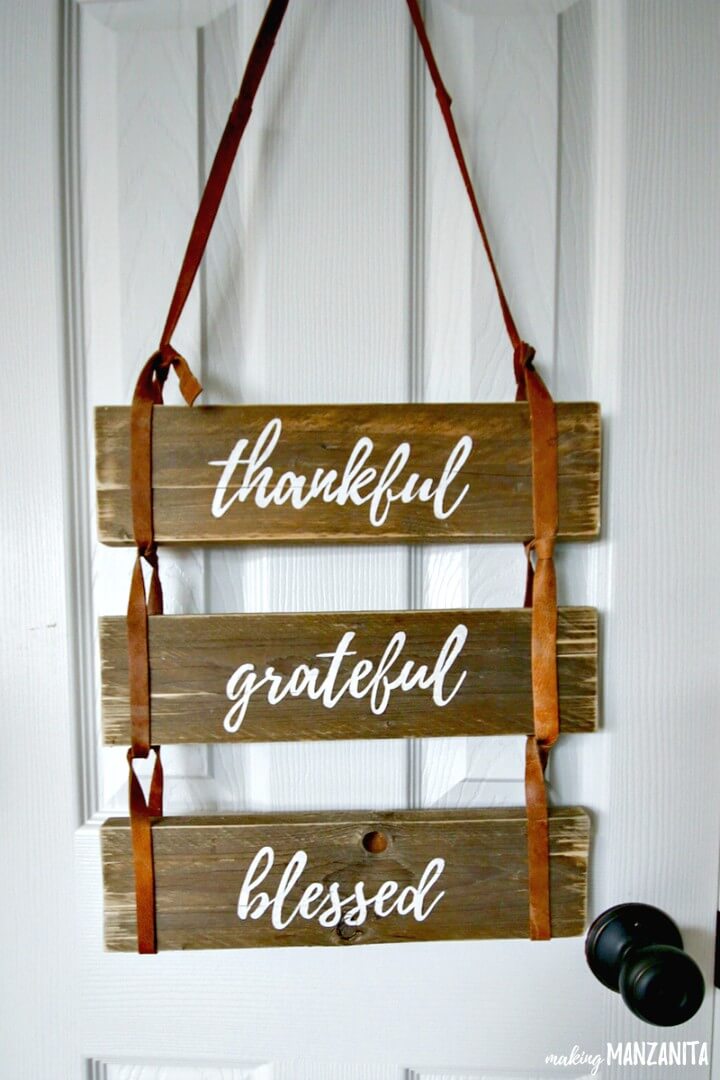 Thankful Grateful Blessed Pallet Wood Sign with Leather Straps.