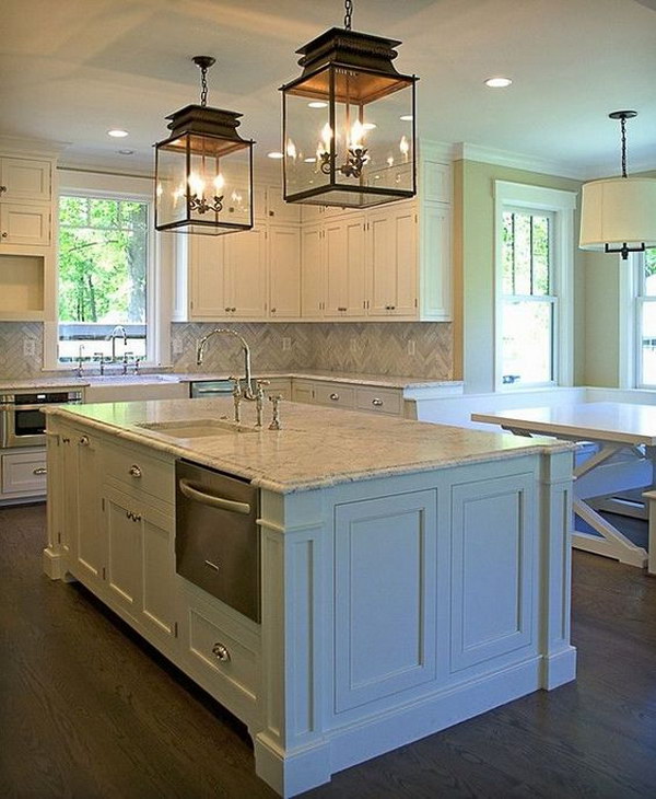 Traditional Kitchen with A Pair of Glass Pendant Lanterns. Kitchen lighting ideas