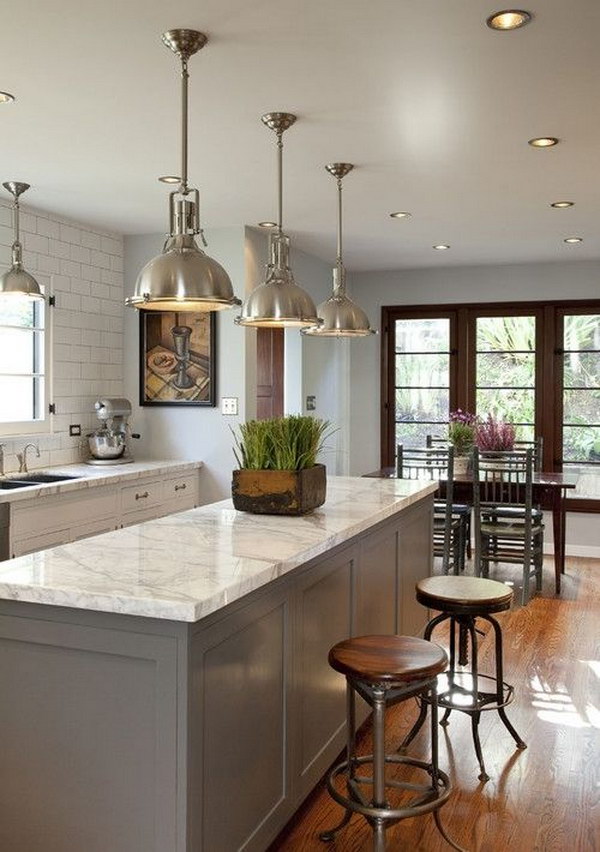 Traditional Kitchen with Industrial Chic Lights.