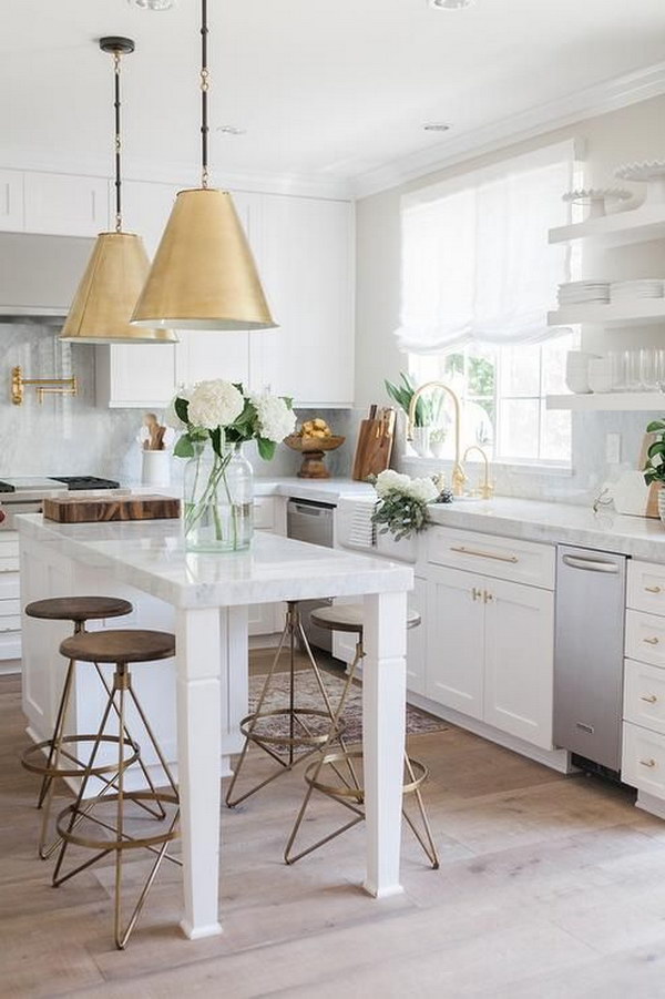 White Kitchen with Two Goodman Hanging Lamps in Antique Brass. Kitchen lighting ideas