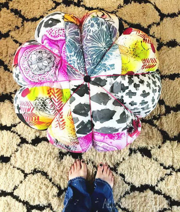 Colorful DIY Scrap Fabric Floor Pouf.