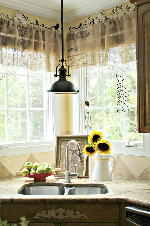 DIY No Sew Burlap Kitchen Valances Made from Coffee Bags.