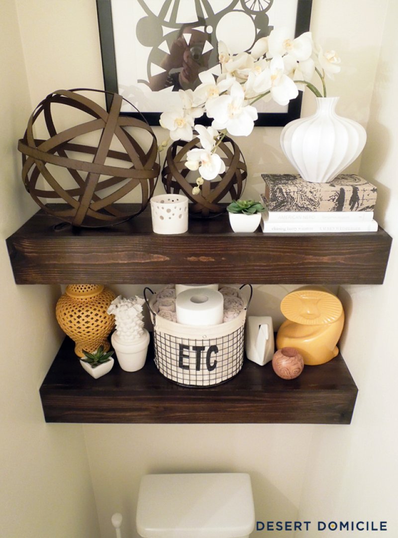 Floating shelves for extra storage. DIY Bathroom décor