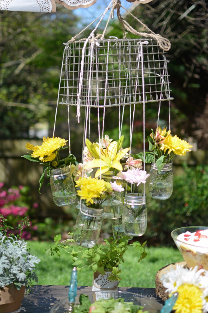 Mason jars to a repurposed wire basket.