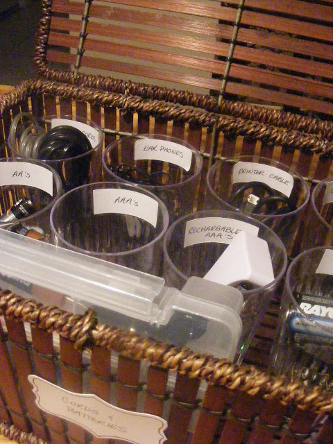Plastic cups, labelled and placed in a basket. Dollar Store Organization