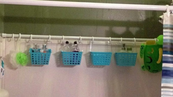 Shower rod with S hooks to your shower. Dollar Store Organization