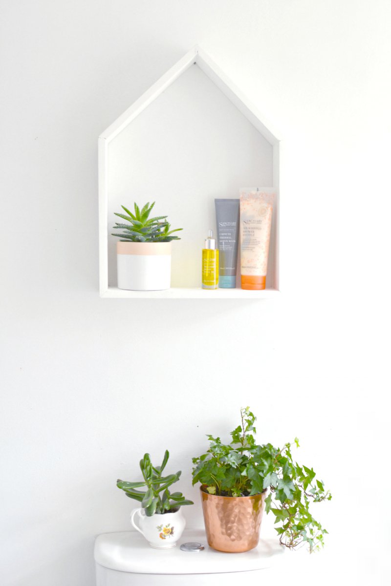 Simple shelving to organize and display. DIY Bathroom décor