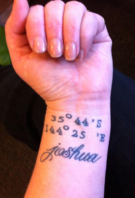 Coordinates Tattoo With Name On Wrist.