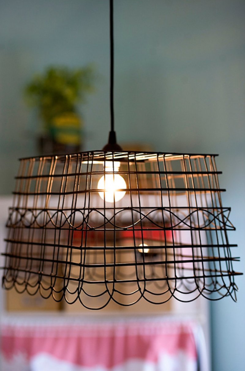 Old wire baskets can be turned into light fixtures.